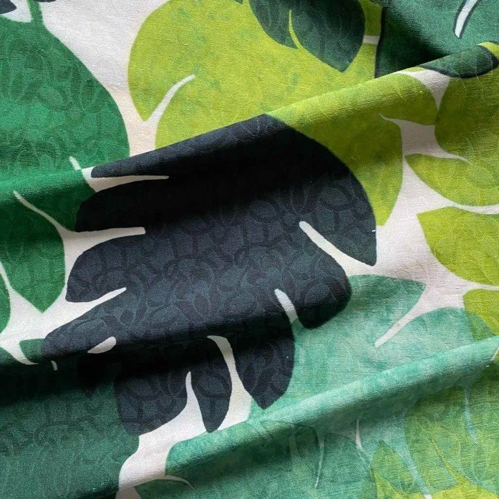 green plant digital print linen fabric